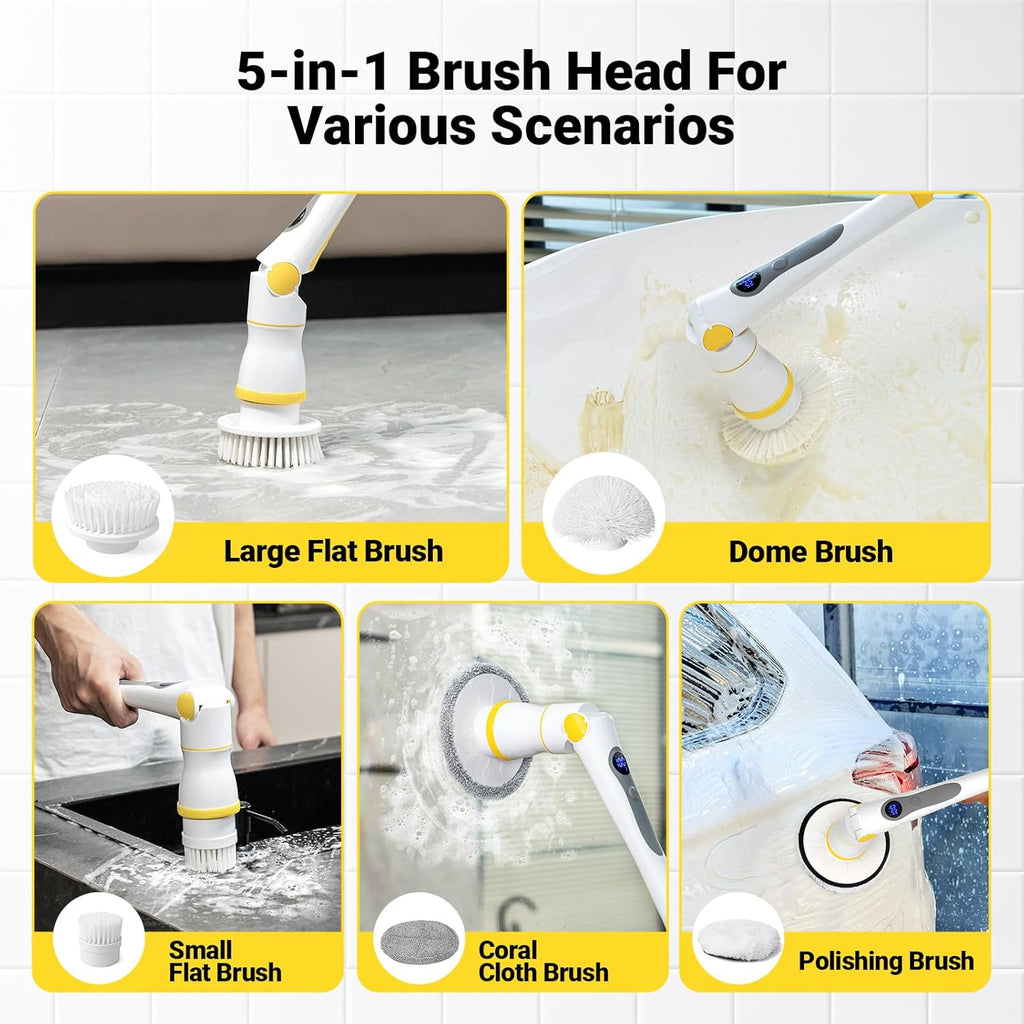 Electric Spin Scrubber, Cordless Cleaning Brush with LED Display, 4 Adjustable Angles, 3 Speeds, 2H Runtime, Adjustable Handle, 5 Brush Heads for Bathroom Tub Kitchen Tile Floor Car