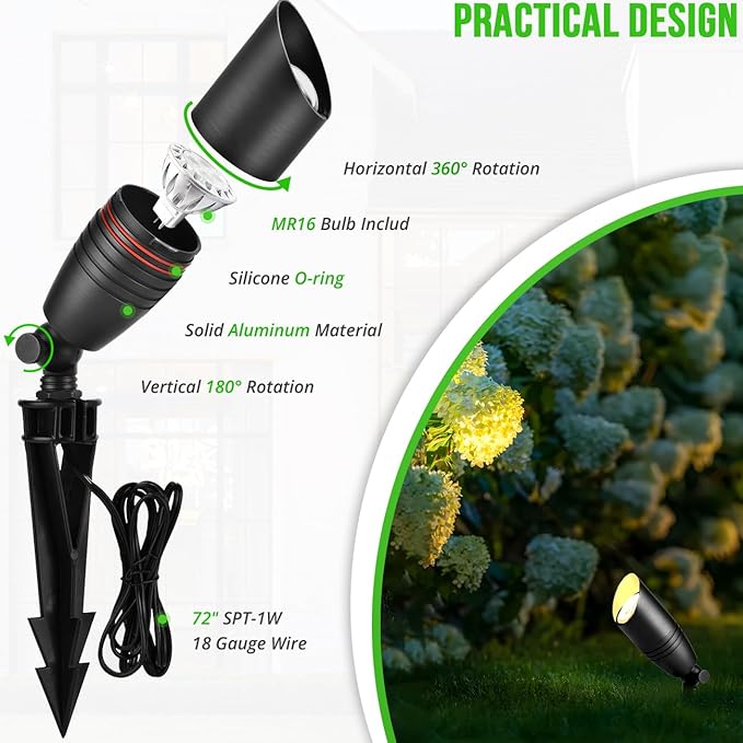 wowlite Low Voltage Spot Lights Outdoor LED 4 Pack, Die-cast Aluminum Landscape Spotlights, Waterproof Black Uplights with MR16 Bulbs Ground Stake for Garden Courtyard Pathway