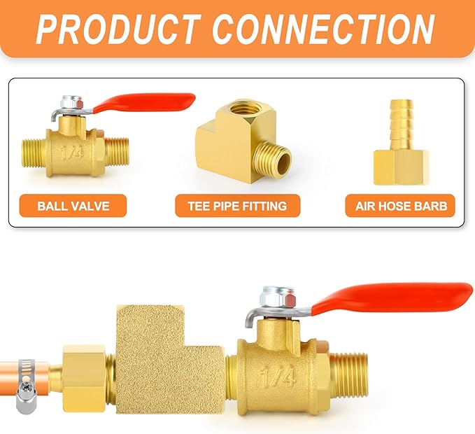 GASHER 3 Pcs Brass Tee Fitting, 1/4" FNPT x 1/4" FNPTx 1/4" MNPT Pipe Fittings