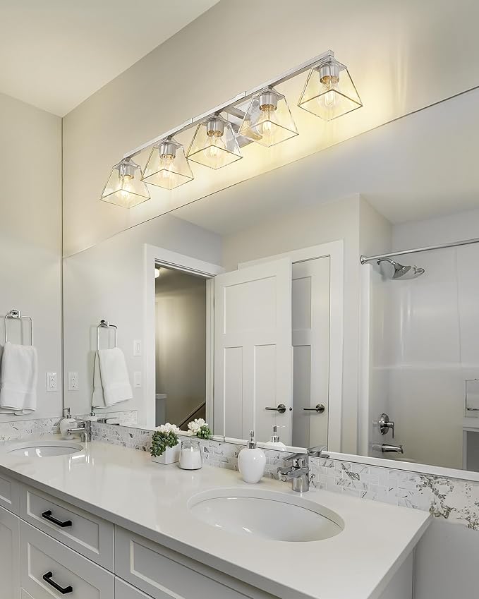 Bathroom Vanity Light 5-Light, HWH Bathroom Lighting Fixtures Over Mirror Brushed Nickel, Modern Vanity Wall Lamp with Square Bell Glass Shade, 5HY68B-5W BN