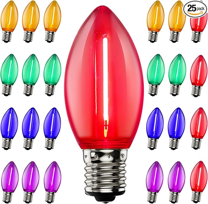 25 Pack LED Replacement Christmas Bulbs,Colored Plastic C9 Clear Replacement Bulbs Multicolor,Shatterproof C9/E17 Intermediate Base 0.6 Watt Great for Christmas Chandeliers Patio String Lights