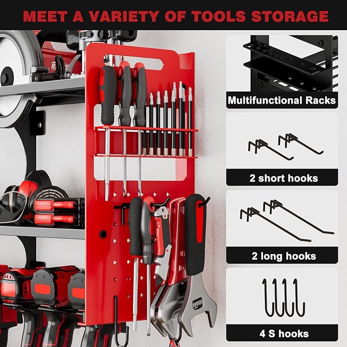 64" Power Tool Organizer Wall Mount, 16 Slots, 3-Tier Drill & Cordless Tool Storage Holder with Pegboard Sides, Tool Wall Organizer for Garage & Workshop Red