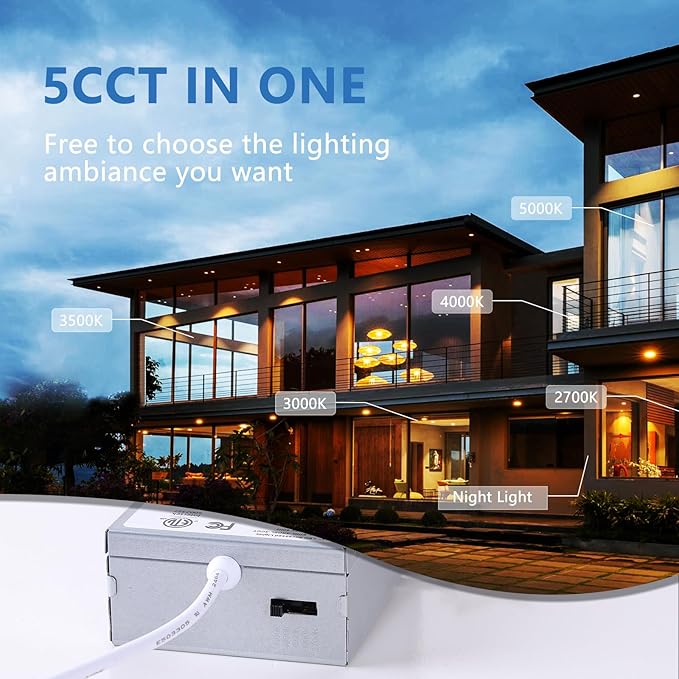 CycevSun Brushed Nickel Recessed Lighting 6 Inch with Night Light 12 Pack, Canless Ultra Thin Wafer Downlight Outdoor Exterior Soffit, Dimmable & 5CCT Selectable, 12W, ETL & Energy Star