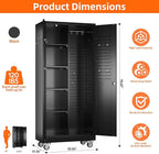 Garage Storage Cabinet with Wheels and 5 Pegboard, Metal Storage Cabinets with 2 Doors and 4 Shelves, Broom Closet Storage Cabinet with Hanging Rod and 13 Hooks, 70.87" Hx33.5 Wx17.7 D, Black