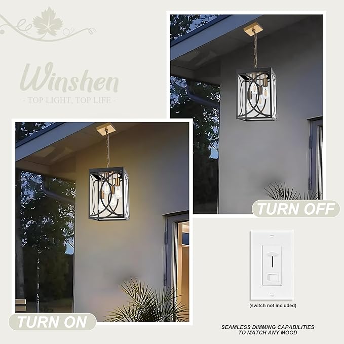 4-Lights Large Outdoor Pendant Light Fixture, E26 Bulb Base Porch Hanging Lighting in Black & Brushed Brass, Modern Exterior Lantern Chandelier Ceiling Mount for Patio Front Door