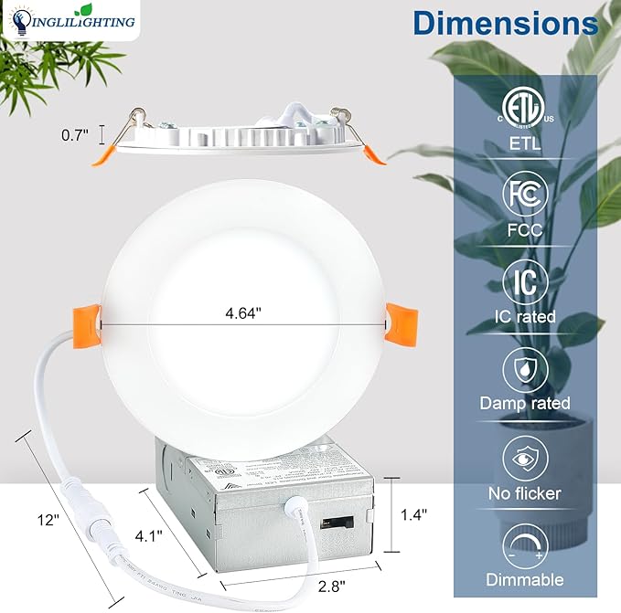 DLLT LED Recessed Ceiling Light: 24 Pack 4 Inch Recessed Lighting for Kitchen - 5CCT Dimmable Canless Wafer Downlight for Living Room - 900LM Brightness 9W LED Can Lights for Bedroom ETL FCC