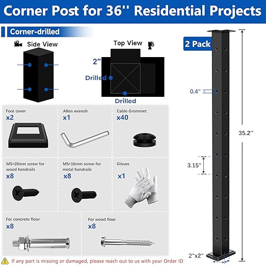 2Pack 36" T304 L-drilled Cable Railing Corner Posts(35"x2"x2") with Cable Grommets, 90° Drilled Fixed Top Mount Heavy Duty Stainless Steel Black Finish for Deck Patio Wooden Concrete Floor