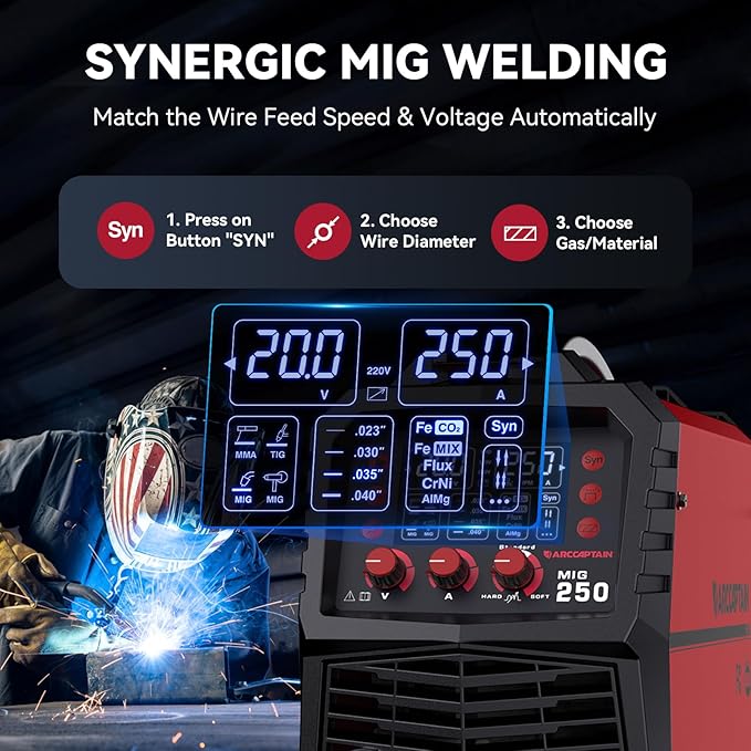 ARCCAPTAIN 250A MIG Welder, 110V 220V Gas MIG/Gasless MIG/Stick/Lift TIG/Spool Gun/Spot 6 in 1 Welding Machine Aluminum Welding Machine Professional Welder Machine with Large LED Display