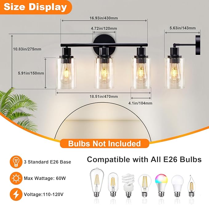 DLLT 3-Light Bathroom Light Fixtures: Black Modern Vanity Lights with 3 E26 Bulbs Base - Clear Glass Shade Bathroom Wall Lamp for Mirror Kitchen Living Room - 2 Packs