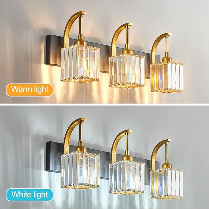 Crystal Vanity Lights 3-Light Black Gold Bathroom Vanity Lights Modern Crystal Bathroom Light Fixtures Over Mirror 23.62" Long Vanity Light for Bathroom