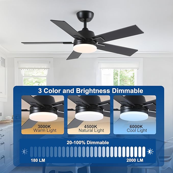 42 Inch Ceiling Fans with Lights and Remote, Black Ceiling Fan with 5 Blades, 6 Speed Reversible DC Motor, 3CCT Dimmable LED, Modern Design for Bedroom, Living room & Covered Outdoor,Includes Downrod