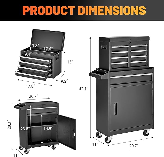 Tool Chest, 5-Drawer Rolling Tool Storage Cabinet with Detachable Top Tool Box, Liner, Universal Lockable Wheels, Adjustable Shelf, Locking Mechanism, Metal Tool Cart for Garage Workshop
