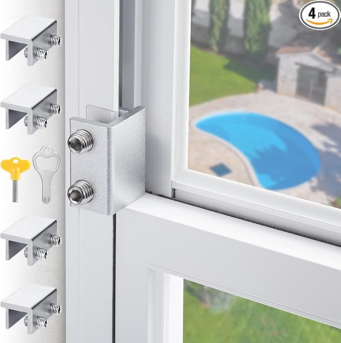 Sliding Window Locks - Horizontal & Up/Down, Adjustable Aluminum, 4 Sets Silver