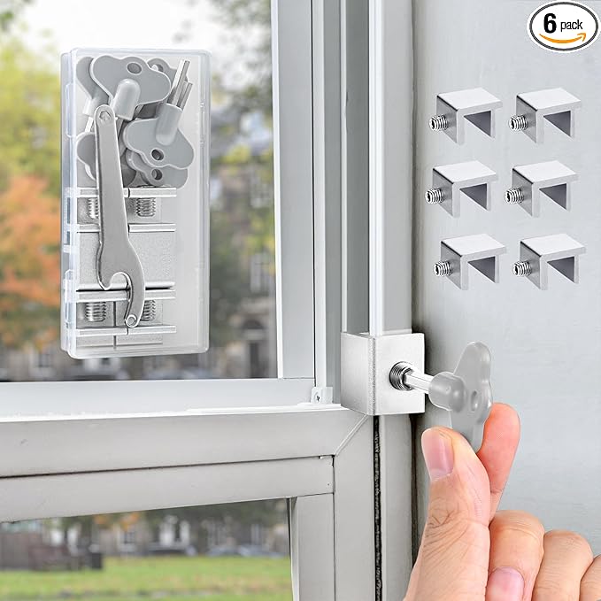 [6 Sets] Sliding Window Lock with Key Aluminum Alloy Adjustable Security Lock (Silver) Single Hole Quick Installation Anti-Theft and Anti-Theft Suitable for Vertical/Horizontal Windows