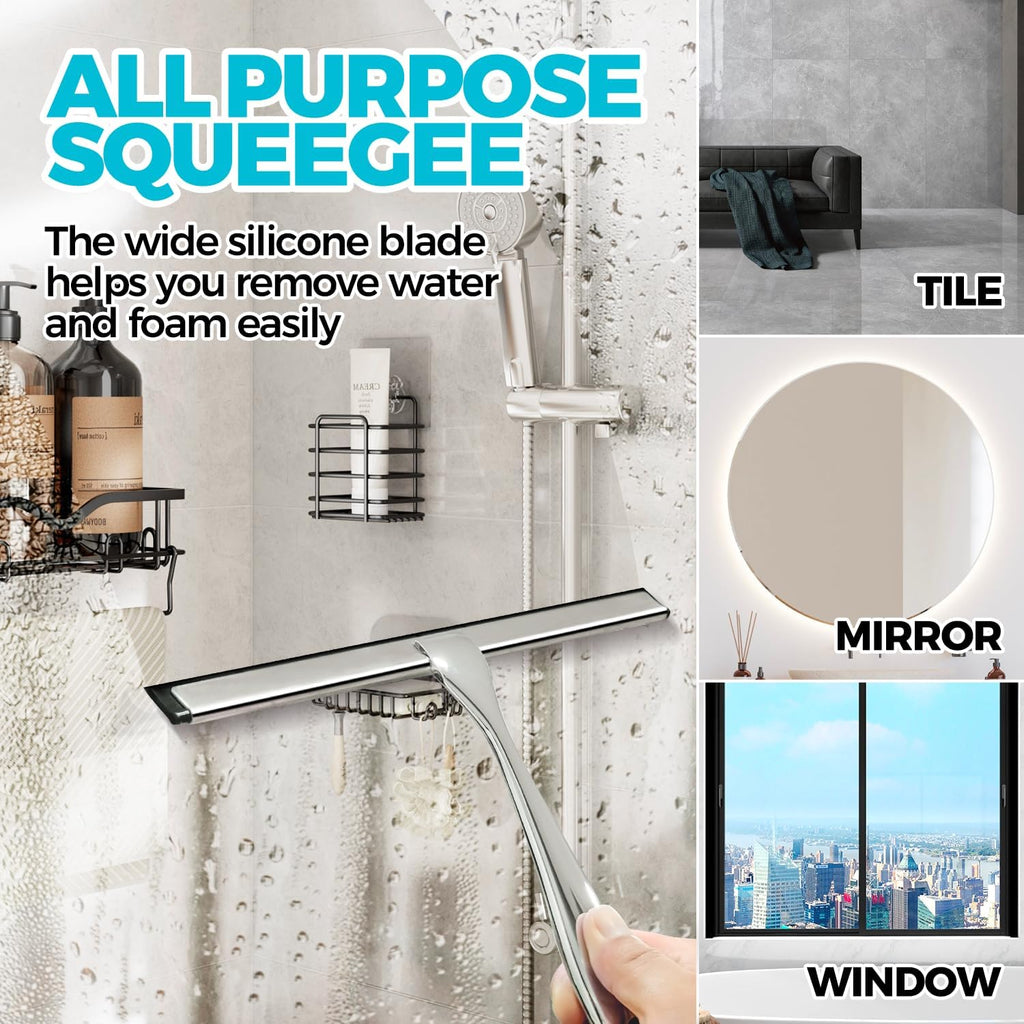 2PACK 12-Inch All-Purpose Shower Squeegee for Shower Doors, Tile Shower Walls, Bathroom, Window, Glass and Car Windshield, Mirrors and Kitchen-Stainless Steel, Silver