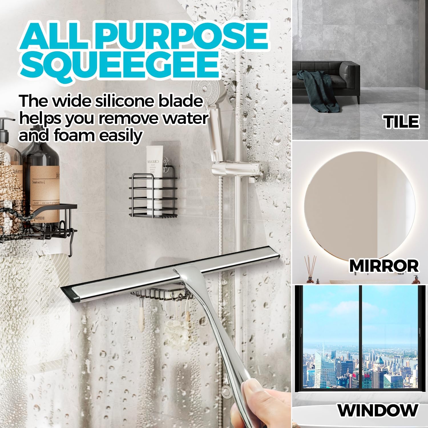 2PACK 12-Inch All-Purpose Shower Squeegee for Shower Doors, Tile Shower Walls, Bathroom, Window, Glass and Car Windshield, Mirrors and Kitchen-Stainless Steel, Silver