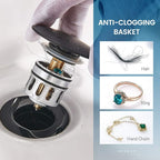 Vessel Sink Drain, Bathroom Faucet Vessel Sink Pop Up Drain Stopper, Built-in Anti-Clogging Strainer, with Overflow Matt Black, Fits Standard American Drain Hole(1-1/2" to 1-3/4") RWF083P