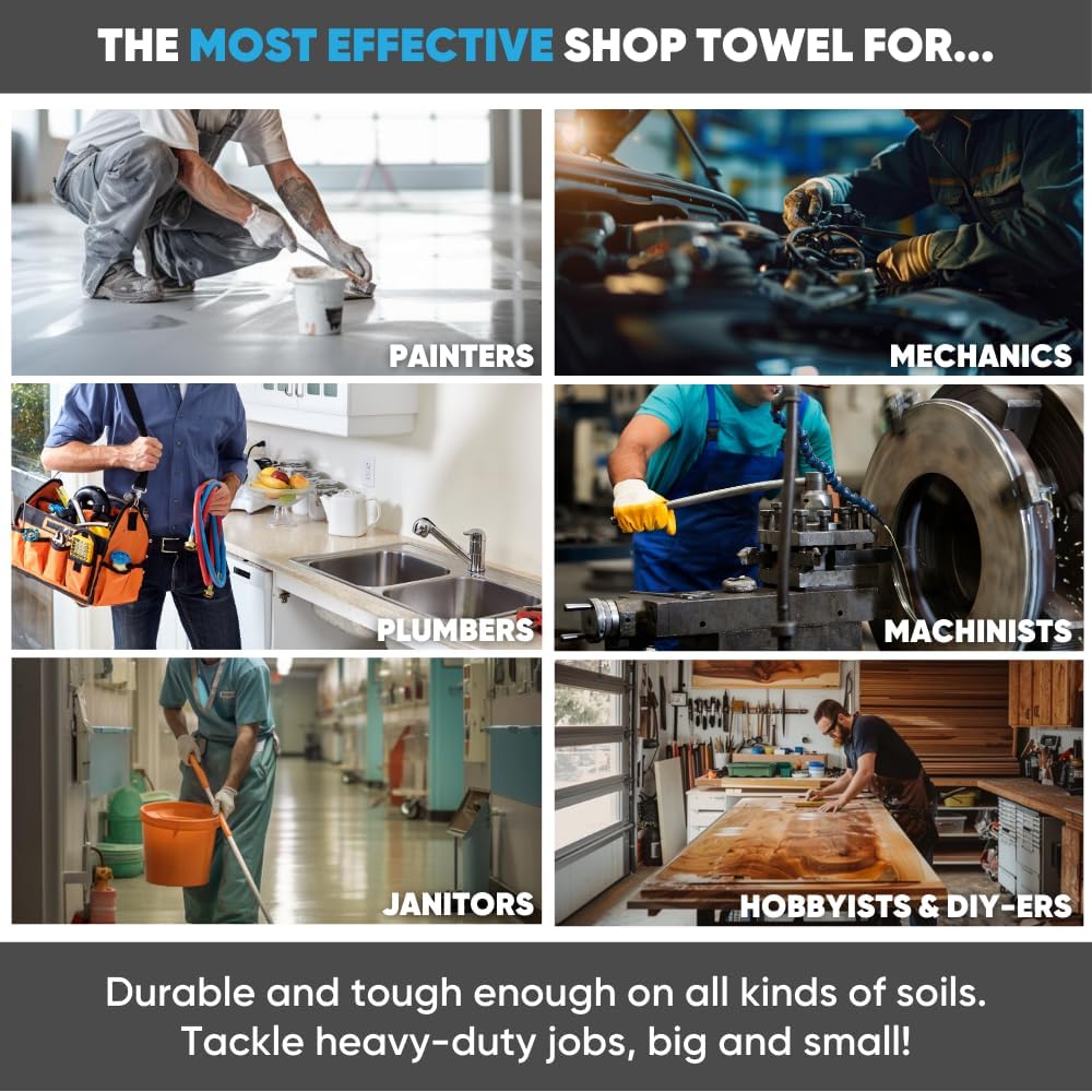 Black Microfiber Shop Towels | MWipes Reusable Shop Rags | 50 Rags in a Box (400 Count) | Super Absorbent, Machine Washable Hundreds of Times | Automotive, Paint, Industrial (8, Black)