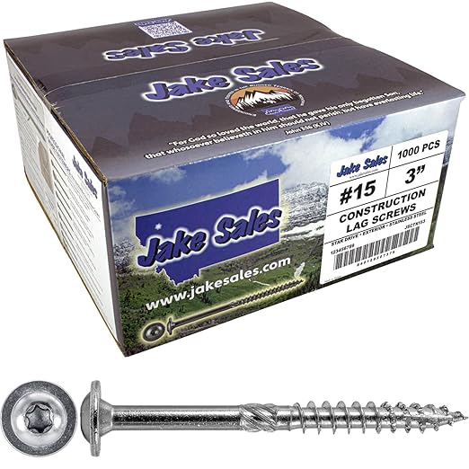 Jake Sales #15 x 3 Construction Lag Screw Stainless Steel T-30 Torx/Star Drive Heavy Duty Lag Screw Far Superior to Common Lag Screws (Full Box 500 Screw Count) Modified Truss Washer Head