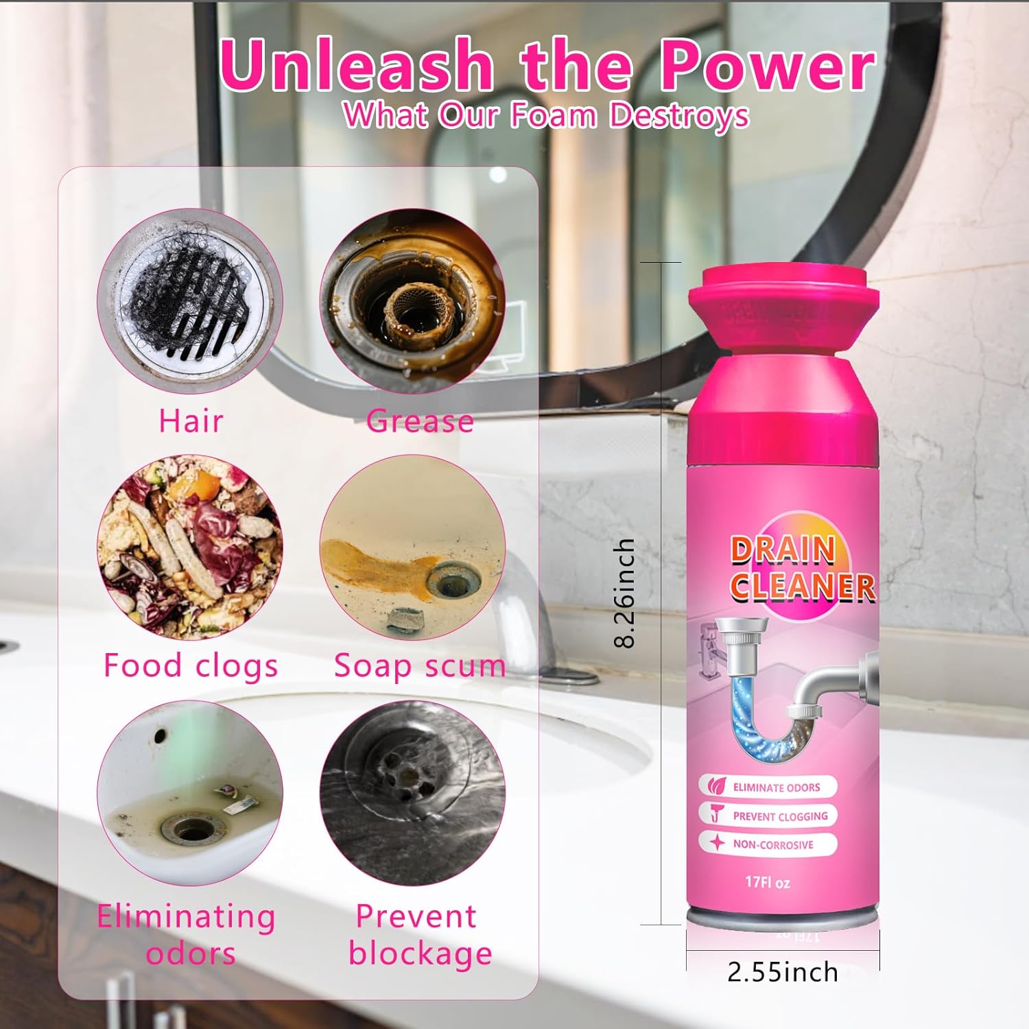 2025 New Foaming Drain Cleaner And Deodorizer, Kitchen Sink Cleaner Foam, Drain Clog Remover, Bathroom Sink Drains Cleaners Foam for Kitchen Sinks, Shower Drains, Tubs (1pcs)