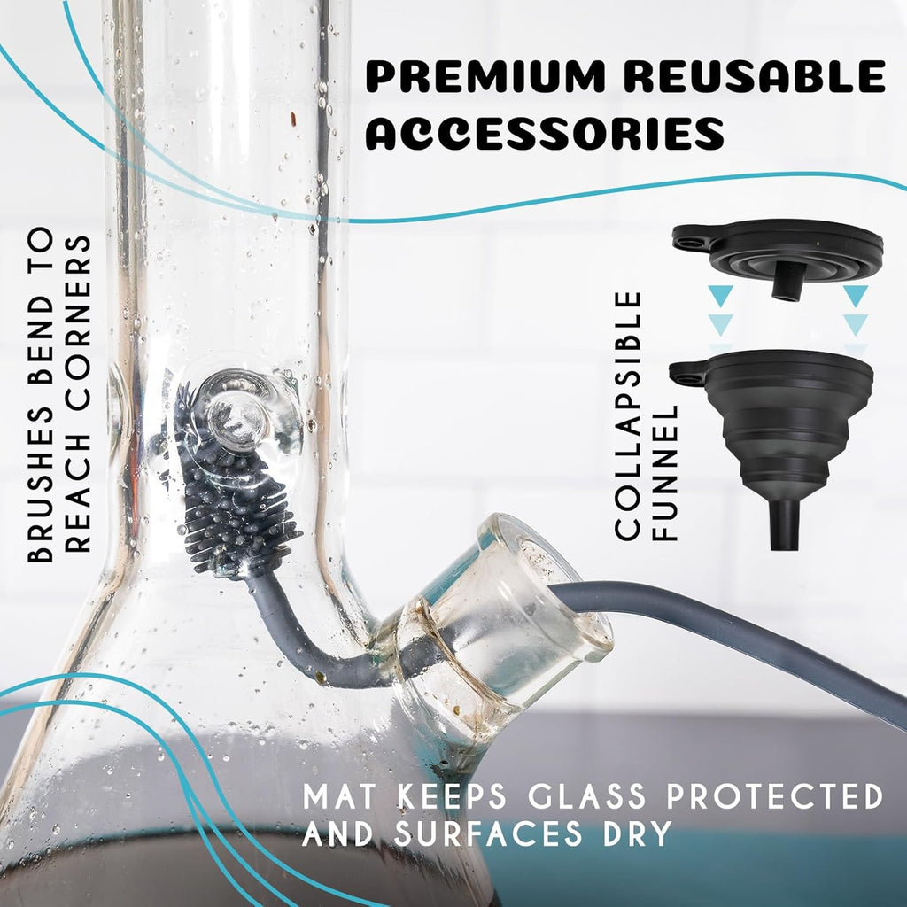 Glass Cleaning Kit - Reusable Silicone Accessories - Complete Kit to Clean your Piece, Just Add Cleaner - Reusable Soaker Bag, Brushes, Mat, Caps & Plugs, Funnel, & Microfiber Towel