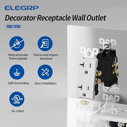ELEGRP Glossy White Decorator Electrical Wall Outlet Receptacle, 20A 125V Standard Outlets, 2 Pole 3 Wire, Non-Tamper Resistant, NEMA 5-20R, Self-Grounding Wall Outlet, UL Listed, 50 Pack