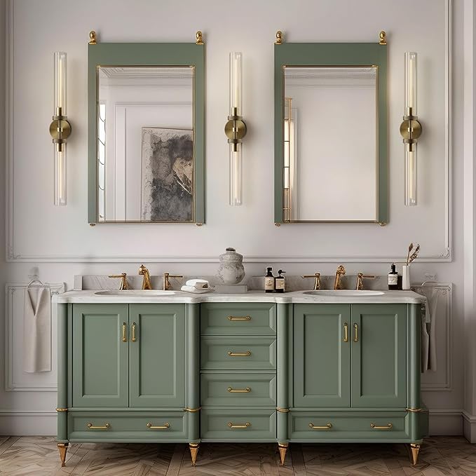 Brass Wall Sconces Set of 2, Double Lights 30" Knurled Texture Indoor Wall Light Fixtures, Bathroom Vanity Light Fixtures with Clear Glass, Modern Wall Lamp for Living Room Hallway(Bulb Included)