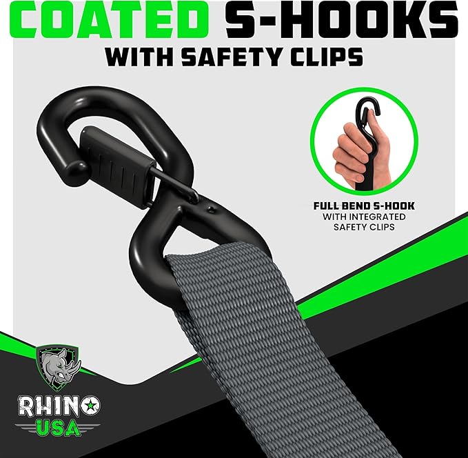 Rhino USA Ratchet Straps Heavy Duty Kit (2-Pack) - 1.6 Inch x 8 Feet (5,208lb Break Strength) - Ultimate Tie Down Straps with Safety S Hooks for Trucks, ATV, UTV, Motorcycle, Cargo & More - Gray