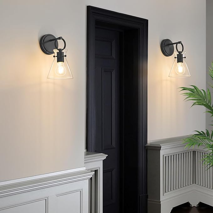 Wall Sconces Set of 2 Modern Vanity Light Fixtures for Bathroom Black Wall Mount Lighting Lamp Hardwired Farmhouse Wall Lights with 6 Inch Clear Glass Shade for Bedroom Living Room Mirror