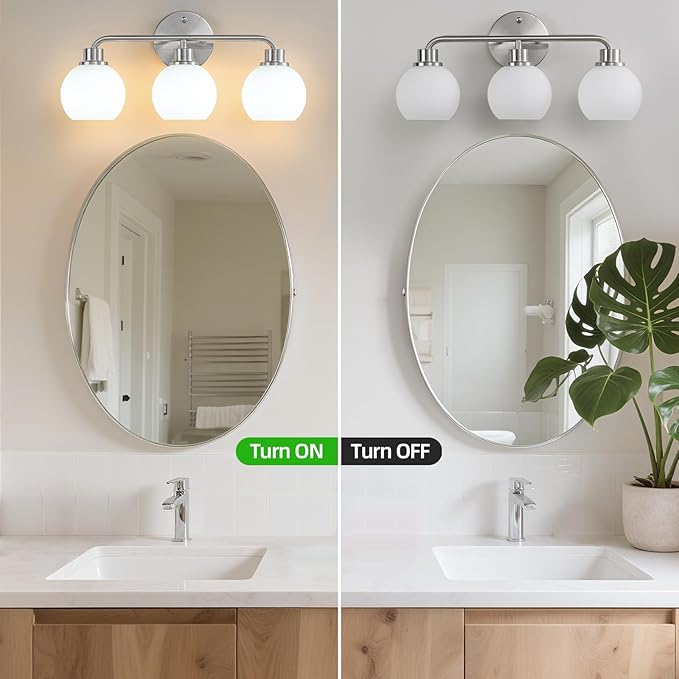 Bathroom Light Fixtures Brushed Nickel Vanity Light 3 Light Wall Sconces Lighting Silver Lights with Milk Globe Glass Shades Bath Wall Lamp for Mirror Kitchen Living Room Bedroom Hallway