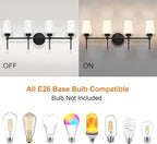 New Bathroom Vanity Light Fixtures 3 Lights Brushed Brass Glass Shade Modern Wall Bar Sconce Over Mirror (Brushed Black, 4T)