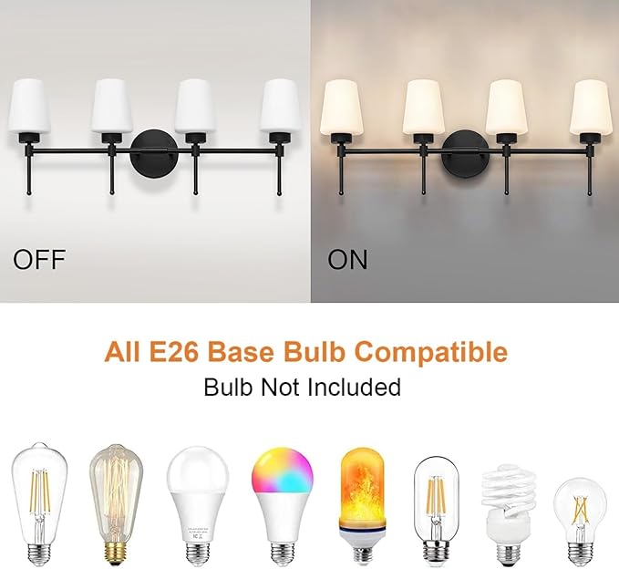 New Bathroom Vanity Light Fixtures 3 Lights Brushed Brass Glass Shade Modern Wall Bar Sconce Over Mirror (Brushed Black, 4T)