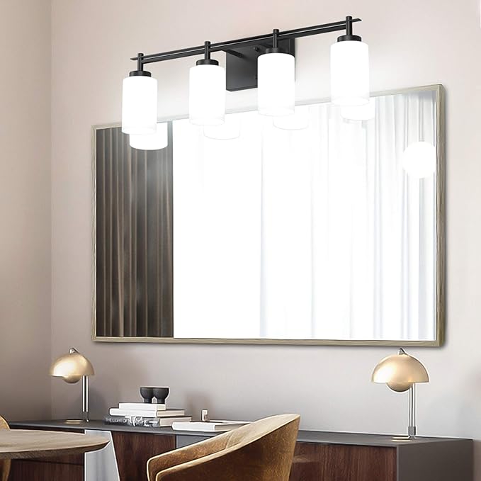 Aipsun Vintage Bathroom Vanity Light Black Bathroom Light Fixtures 4 Lights Milky White Glass Shade Industrial Wall Light (Exclude Bulb)