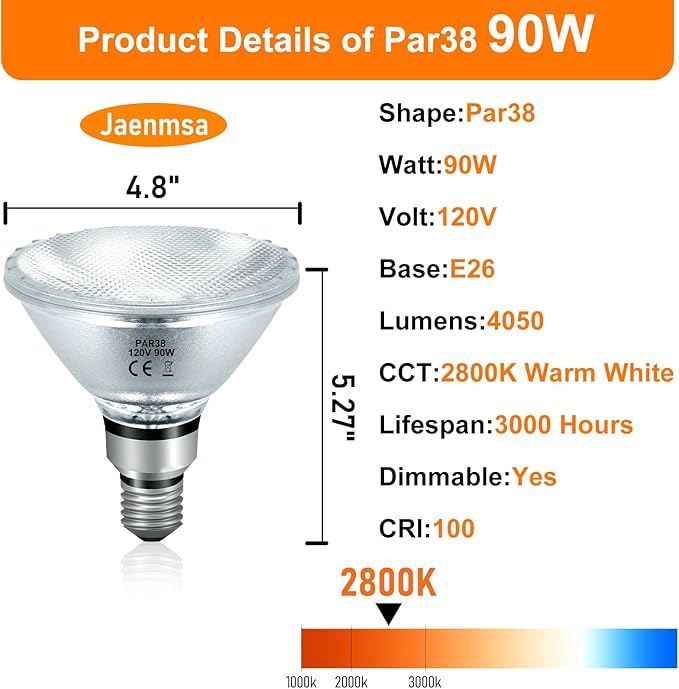 PAR38 Halogen Flood Light Bulbs 90W 120V, Par38 Halogen Light Bulbs 8 Pack for Indoor and Outdoor Floodlight Bulbs PAR38, Reptile Heat Lamp Bulbs with E26 Base, 2800K Warm White, 4050 Lumens