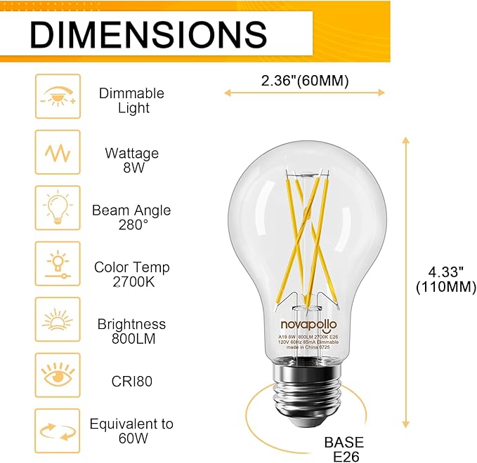 E26 Edison Bulbs 60Watt, Dimmable A19 LED Bulb, 800 Lumens High Brightness 2700K Warm White, C80+ CRI Vintage Light Bulbs, Clear Glass, 6 Pack