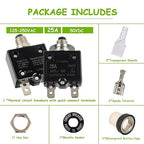 25A Manual Reset Push Button Circuit Breaker 125/250V AC 50V DC Thermal Overload Protector with Quick Connect Terminals and Waterproof Button Caps Assortment Kit(Pack of 1 pcs)