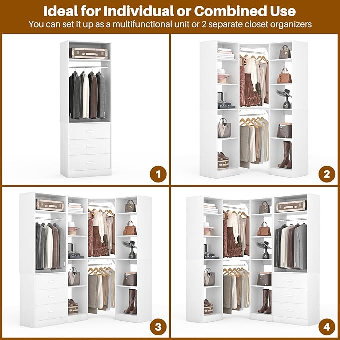 Corner Closet System with 3 Drawers, Corner Closet Organizer System with 13 Shelves & 3 Hanging Rods, 63.2"L * 39.2"W Reversible L Shaped Walk-in Closets, Load 2000+LBS, White