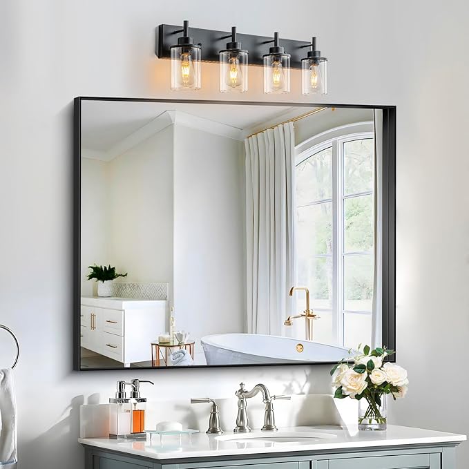 GoYeel Bathroom Light Fixtures Over Mirror, Matte Black Vanity Light 4 Light Wall Sconce Lighting Indoor Farmhouse Bathroom Lamp with Clear Glass Shade for Bedroom Living Room Hallway Kitchen