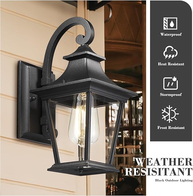 Emliviar Outdoor Porch Light, Modern Outside Wall Light Fixture for House Garage, Clear Glass in Black Finish, 12" Height, XE219B BK