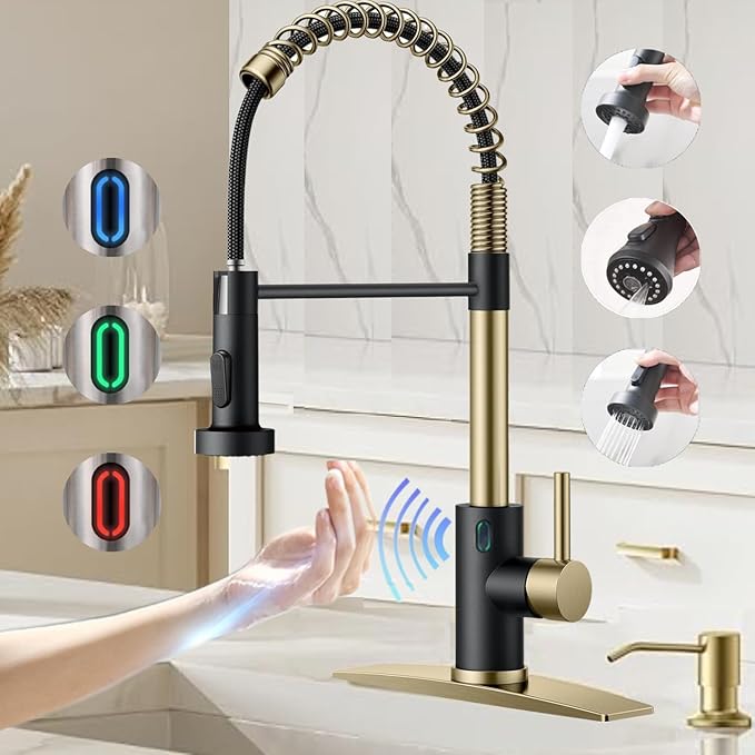 Touch-Less Kitchen Faucet, 3 Modes Pull Down Sprayer, LED Temperature Control,Sensor Activated,Ceramic Valve, 360-Degree Rotation, 1 or 3 Hole Deck Plate. 10-Year Warranty. (KW-79GR, Gold/Black)