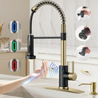 Touch-Less Kitchen Faucet, 3 Modes Pull Down Sprayer, LED Temperature Control,Sensor Activated,Ceramic Valve, 360-Degree Rotation, 1 or 3 Hole Deck Plate. 10-Year Warranty. (KW-79GR, Gold/Black)