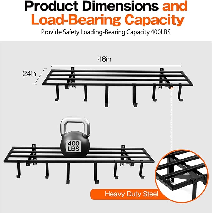 Garage Wall Shelving, 1X4 ft Garage Storage Rack,Heavy Duty Wall Mounted Storage Shelf With 12 Hooks-Each Loads 200lbs Metal Wall Shelf,Black,2Pack