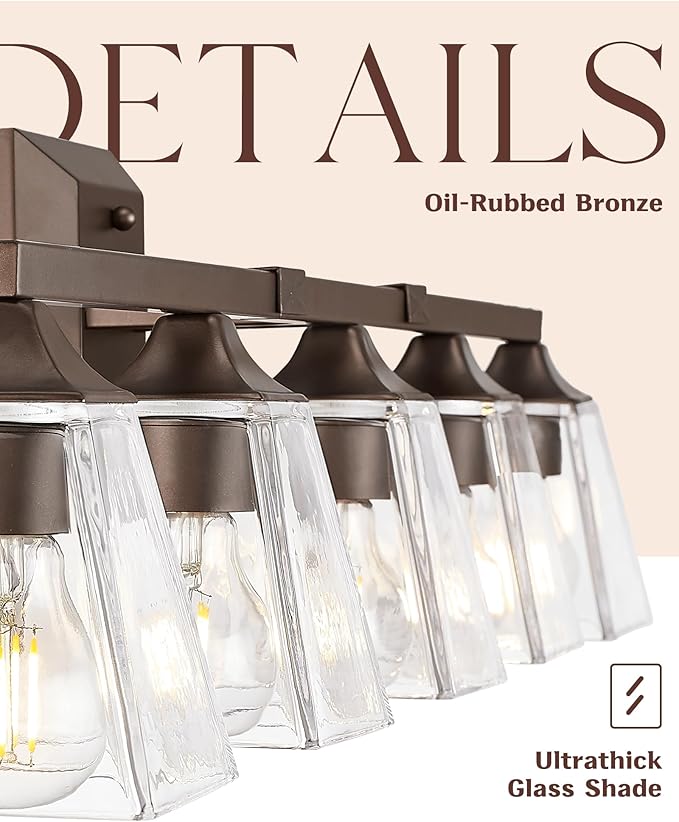 Bronze Bathroom Light Fixtures, HWH 5-Light Farmhouse Bathroom Lighting Fixture Over Mirror, Vanity Wall Sconce Oil-Rubbed Bronze with Square Glass Shade, 5HY68B-5W ORB