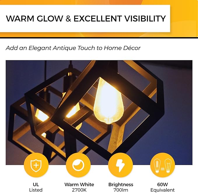 Hizashi Dimmable Edison Bulbs 60 Watt LED, E26 Bulb 2700K Warm White ST19 Vintage Light Bulbs, 95+CRI, UL Listed,700LM 6W E26 Medium Base, Clear Glass, Pack of 4