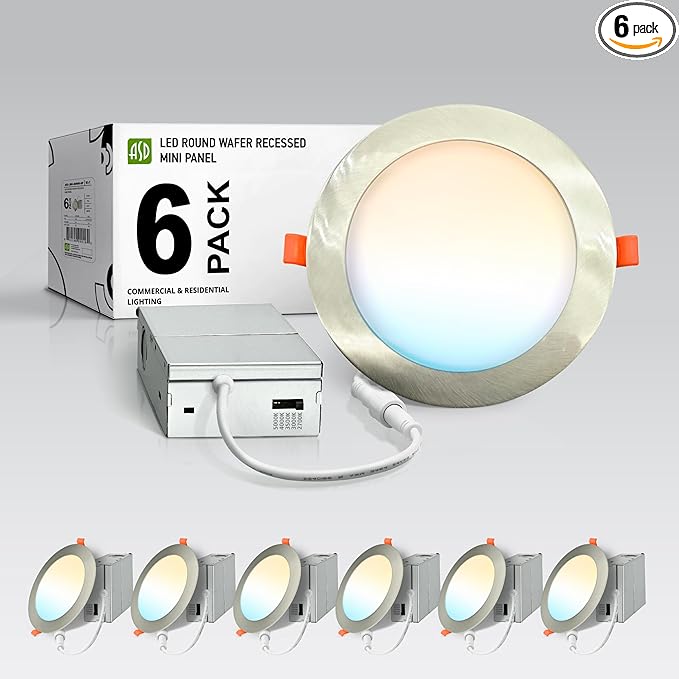 ASD 6 Pack LED Recessed Lighting 6 Inch 12W, 5 CCT 2700K-5000K CRI90+, IC Rated Ultra Thin Dimmable Ceiling Lights with J Box, Canless Wafer Downlight, Round Slim Panel Light, Energy Star ETL, Nickel