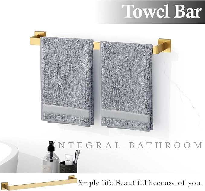 5-Piece Brushed Gold Bathroom Accessories Set – 23.6" Towel Bar, Towel Ring, Toilet Paper Holder & Hooks, Wall Mounted Bathroom Hardware, Rust & Corrosion-Resistant, Ideal for Modern Bathrooms