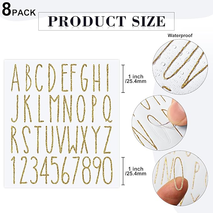 8 Sheets Vinyl Letter Stickers Waterproof Self Adhesive Letter Numbers Alphabet Modern Mailbox Numbers Sticker for Back to School DIY Mailbox House Home Business Address(1 Inch,Gold)