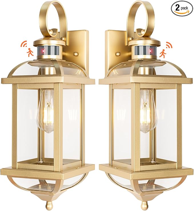 Gold Motion Sensor Outdoor Light Fixtures Dusk to Dawn, 19 Inch Enclosed Bottom Anti-Rust Aluminum Large Outside Wall Lanterns for House Brass Exterior Light Outdoor Sconces for Patio