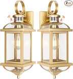 Gold Motion Sensor Outdoor Light Fixtures Dusk to Dawn, 19 Inch Enclosed Bottom Anti-Rust Aluminum Large Outside Wall Lanterns for House Brass Exterior Light Outdoor Sconces for Patio