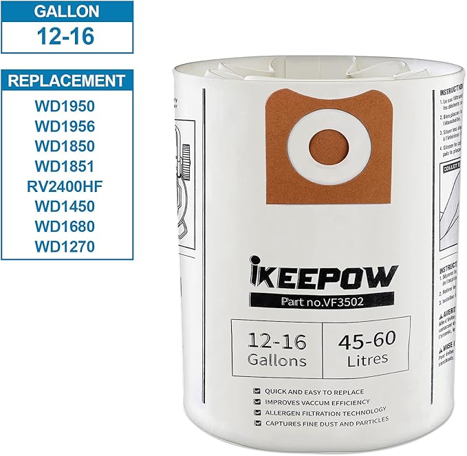 VF3502 Shop Vac Bags Compatible with Ridgid Wet Dry Vacuum, 12-16 Gallon High Efficiency Dust Bags (9 Pack)